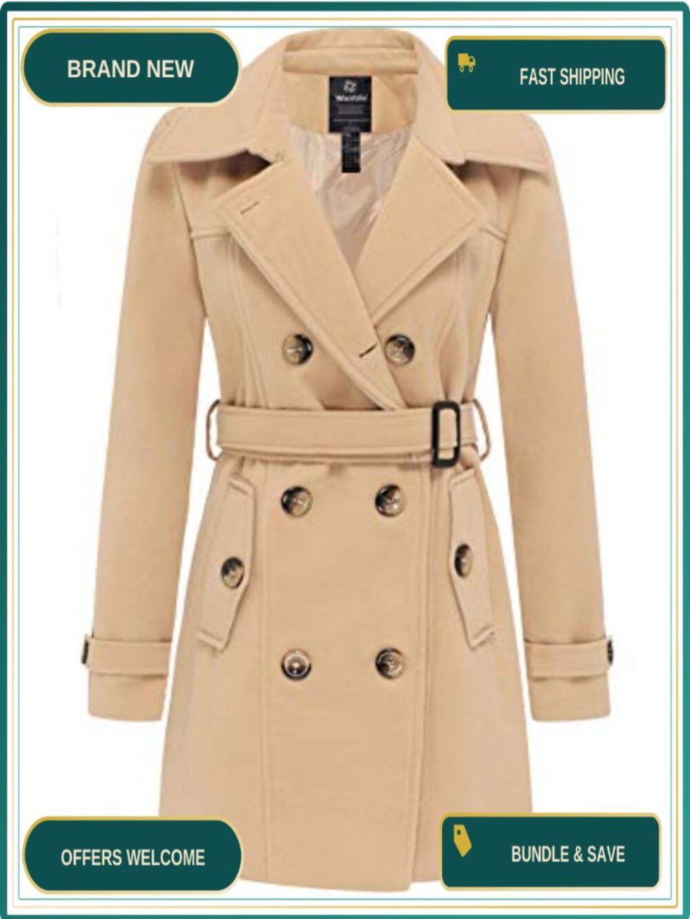 Women's Double Breasted Pea Coat Mid-Long Trench Coat Winter Overcoat